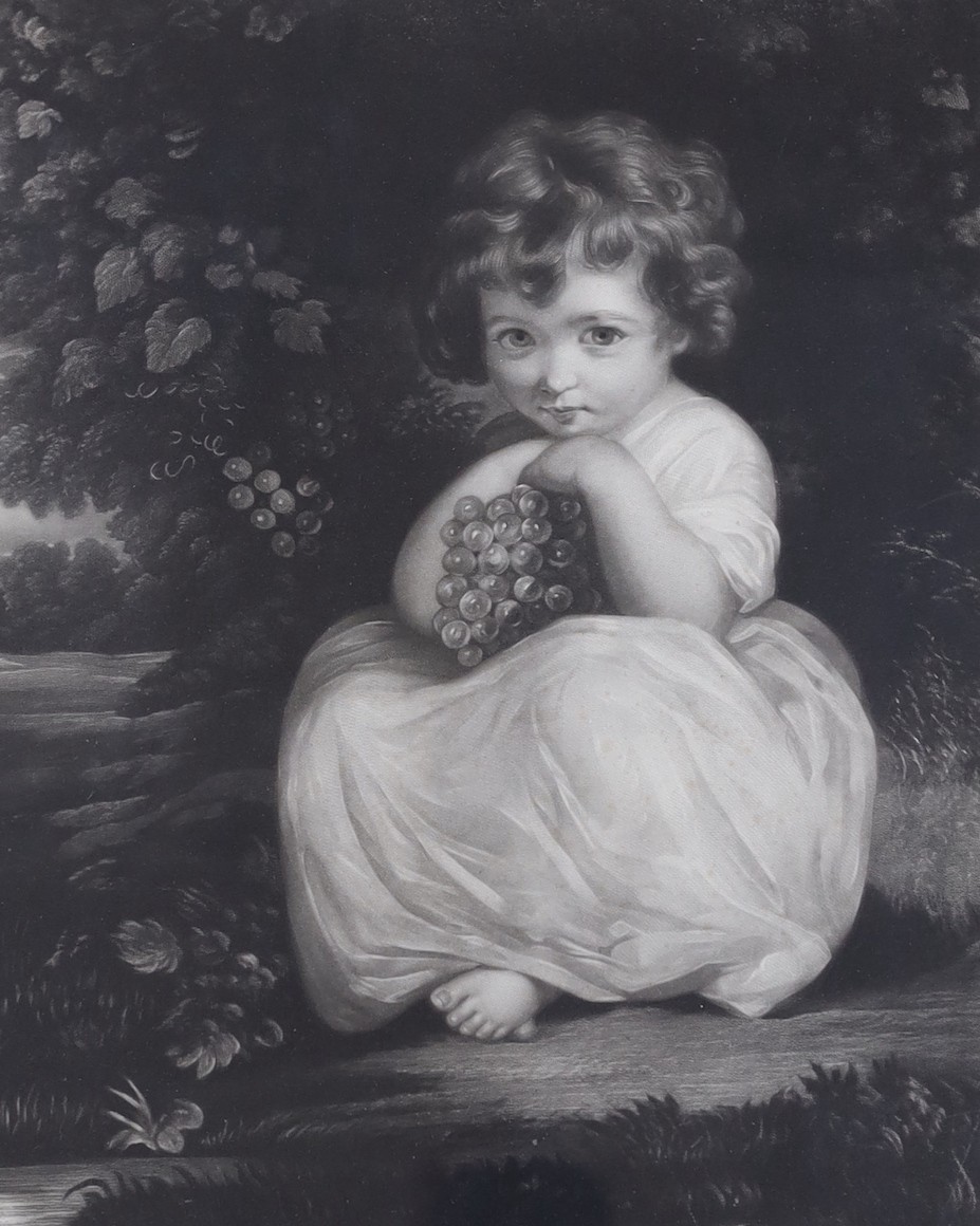 After Sir Joshua Reynolds (1723-1792), oil on canvas, Seated girl with grapes, 77 x 64cm, unframed, together with a mezzotint of the same subject